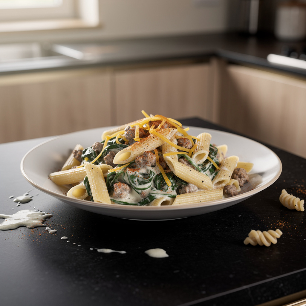 Makaron z indykiem w sosie śmietanowo-szpinakowym po amerykańsku
