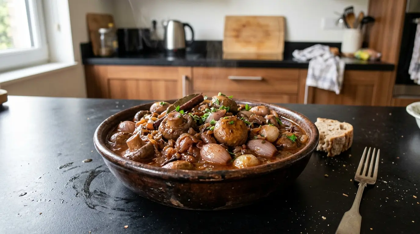 Manitaria stifado – greckie duszone pieczarki w sosie winno-cebulowym