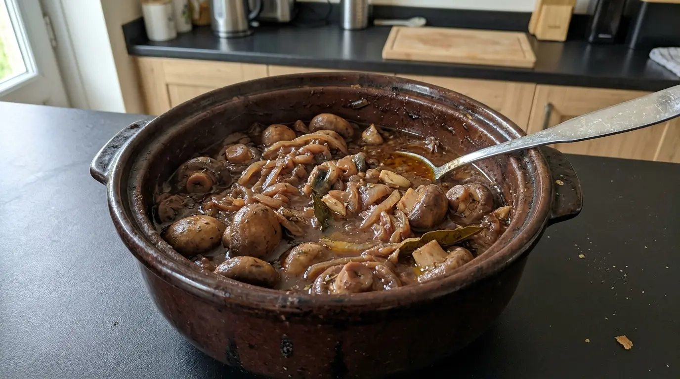Manitaria stifado – greckie duszone pieczarki w sosie winno-cebulowym