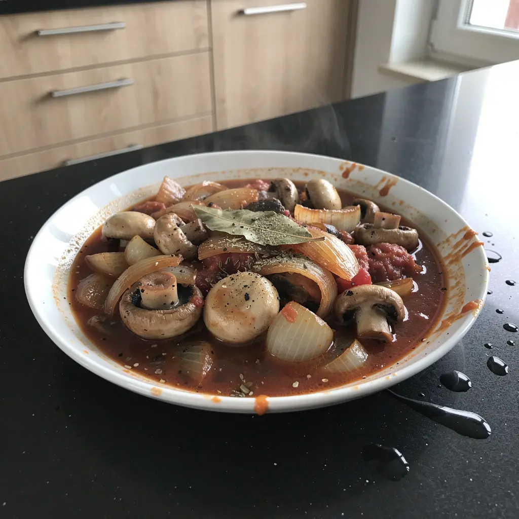 Manitaria stifado – greckie duszone pieczarki w sosie winno-cebulowym