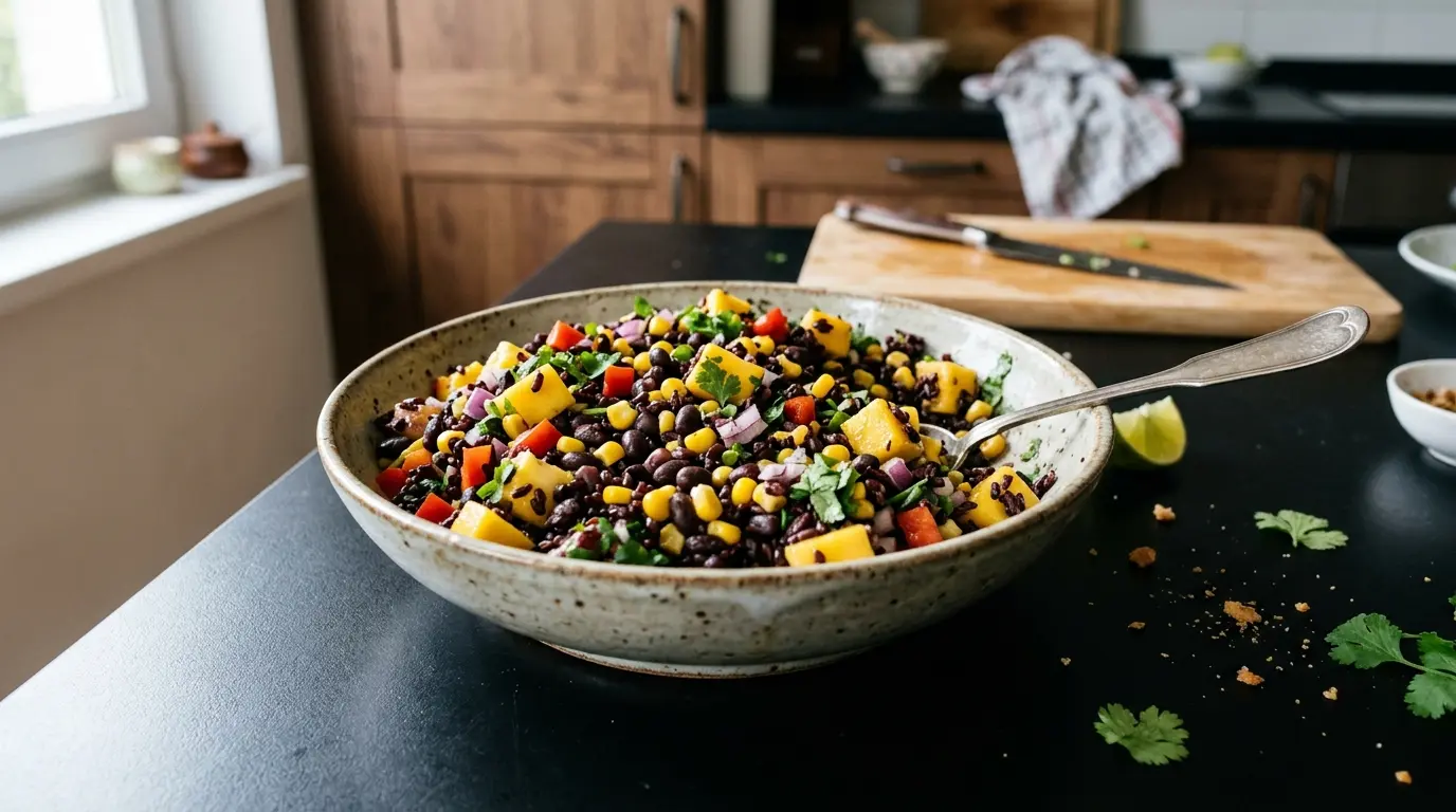 Meksykańska sałatka z czarnego ryżu, mango i fasoli