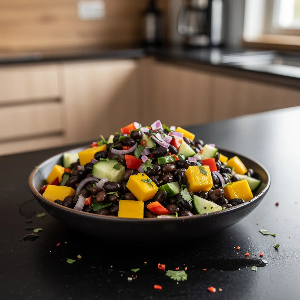 Meksykańska sałatka z czarnej fasoli, mango i limonki