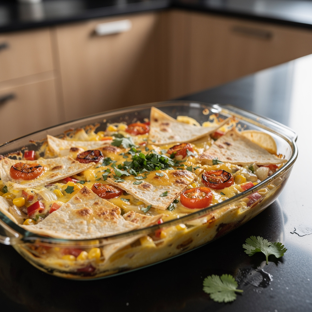 Meksykańska zapiekanka śniadaniowa z tortillą i warzywami