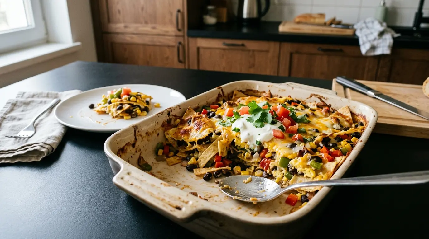 Meksykańska zapiekanka śniadaniowa z tortillą i warzywami