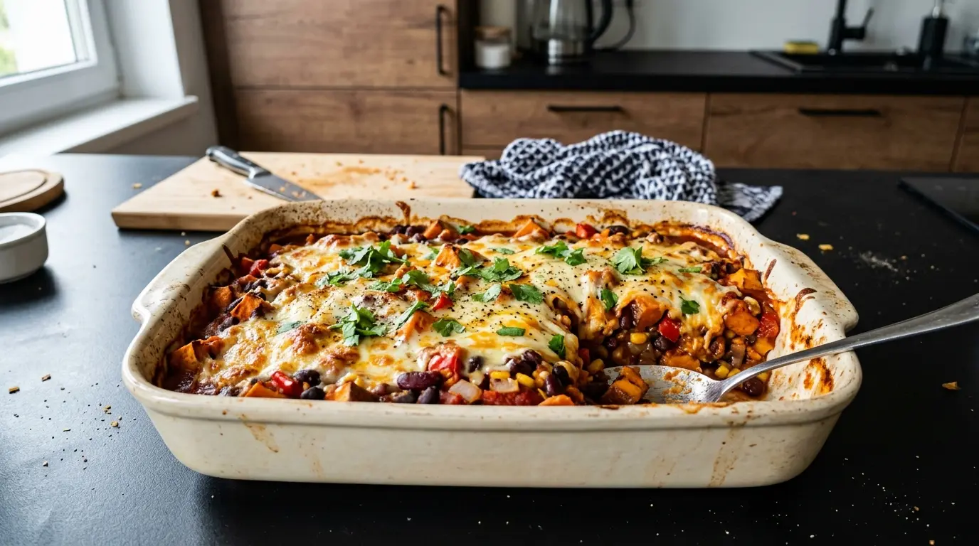 Meksykańska zapiekanka z batatów, fasoli i sera