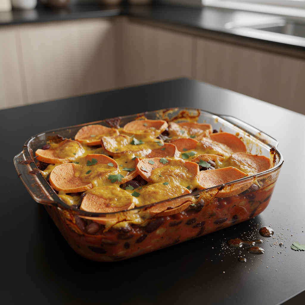 Meksykańska zapiekanka z batatów, fasoli i sera