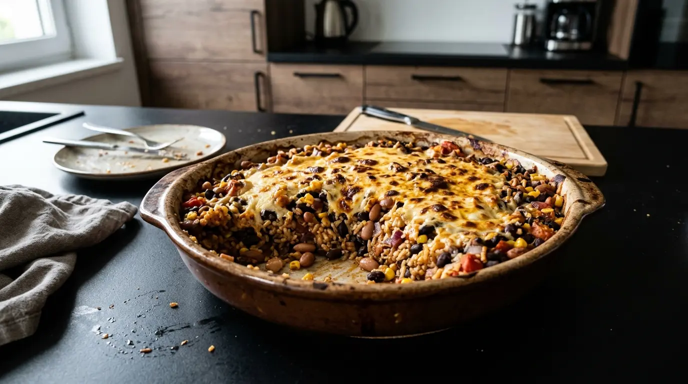 Meksykańska zapiekanka z fasoli, ryżu i sera