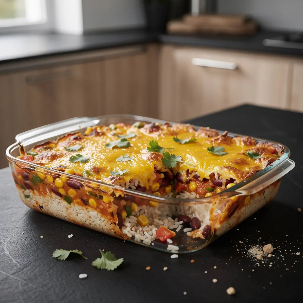 Meksykańska zapiekanka z fasoli, ryżu i sera