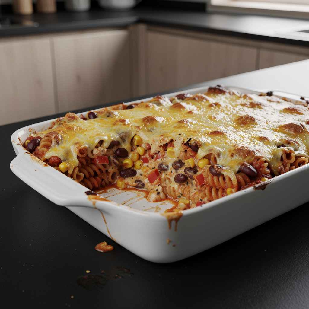 Meksykańska zapiekanka z makaronem, fasolą i serem