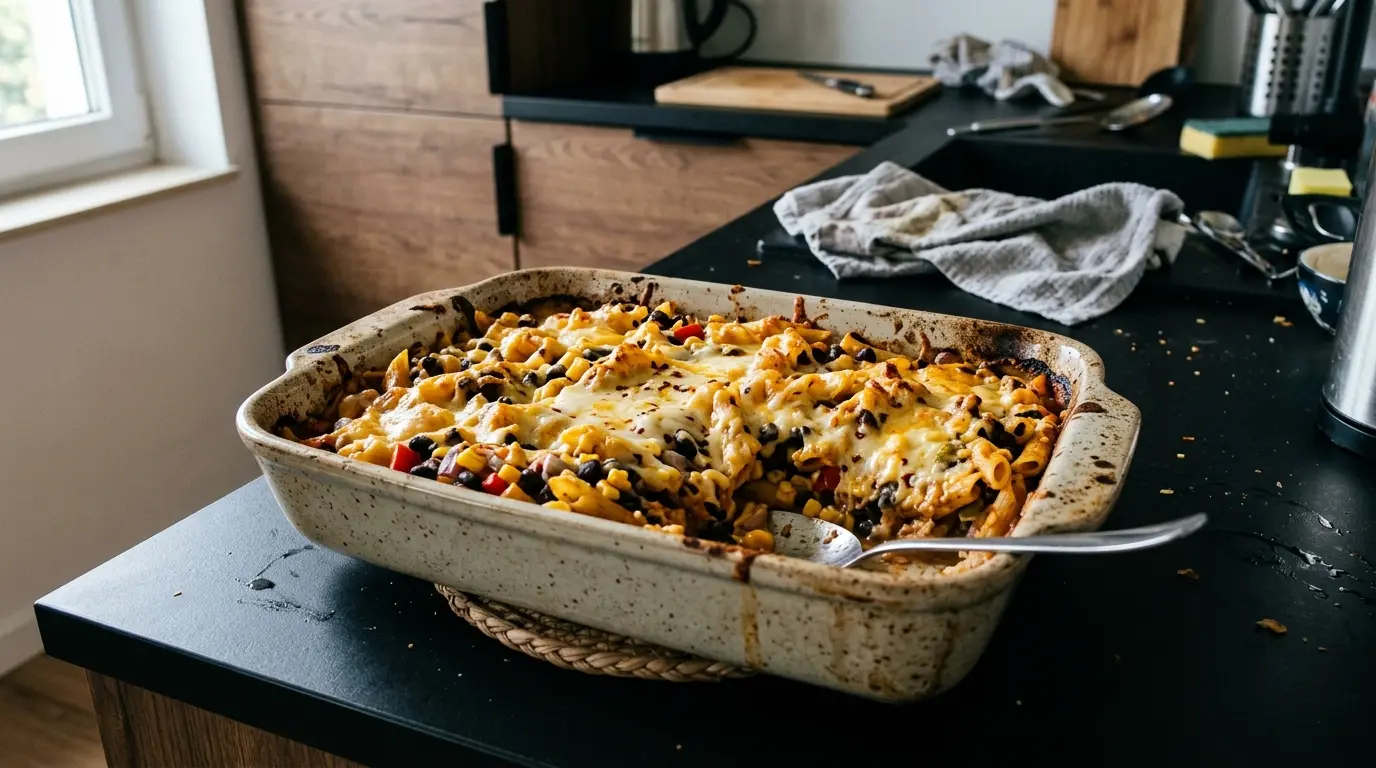 Meksykańska zapiekanka z makaronem, fasolą i serem