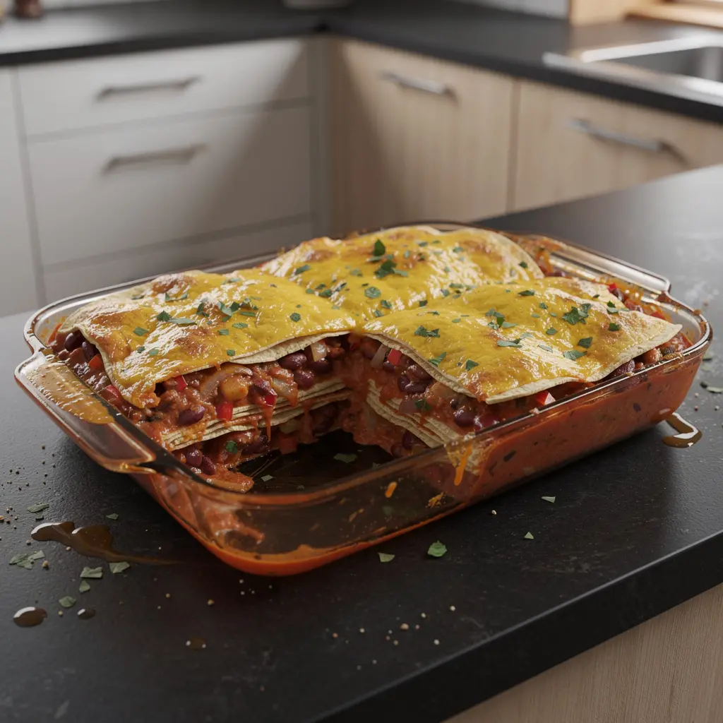 Meksykańska zapiekanka z tortilli, fasoli i sera