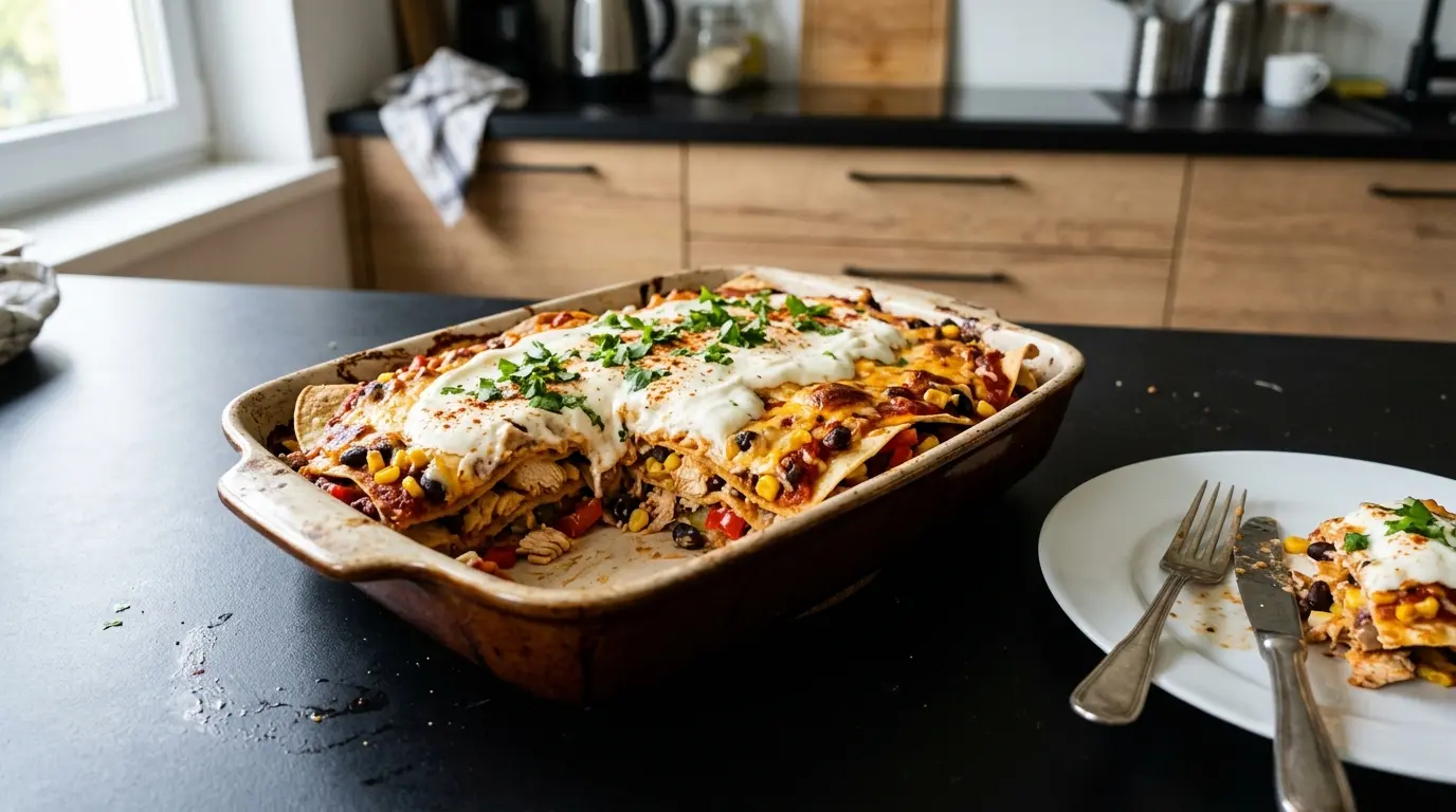 Meksykańska zapiekanka z tortilli, kurczaka i warzyw w sosie jogurtowym