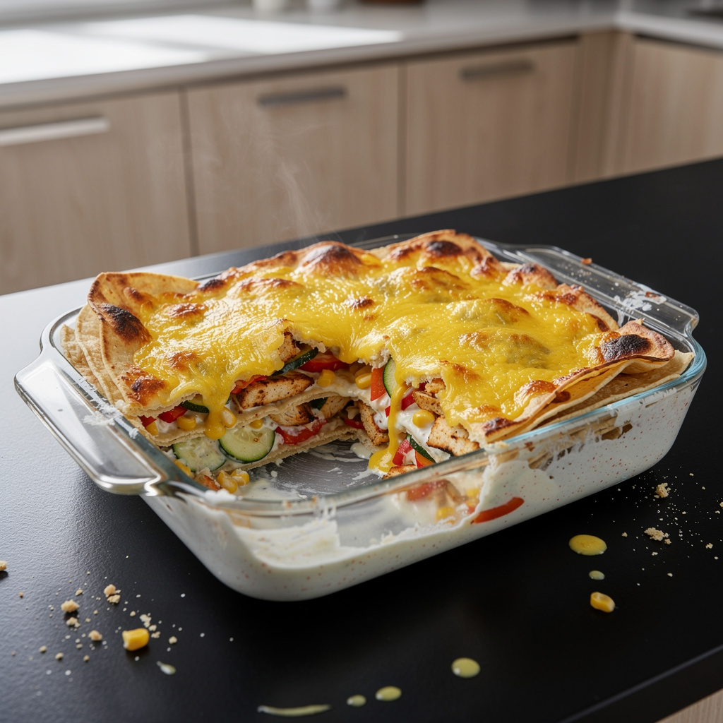 Meksykańska zapiekanka z tortilli, kurczaka i warzyw w sosie jogurtowym