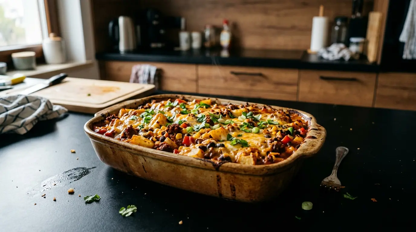 Meksykańska zapiekanka ziemniaczana z chorizo i kukurydzą