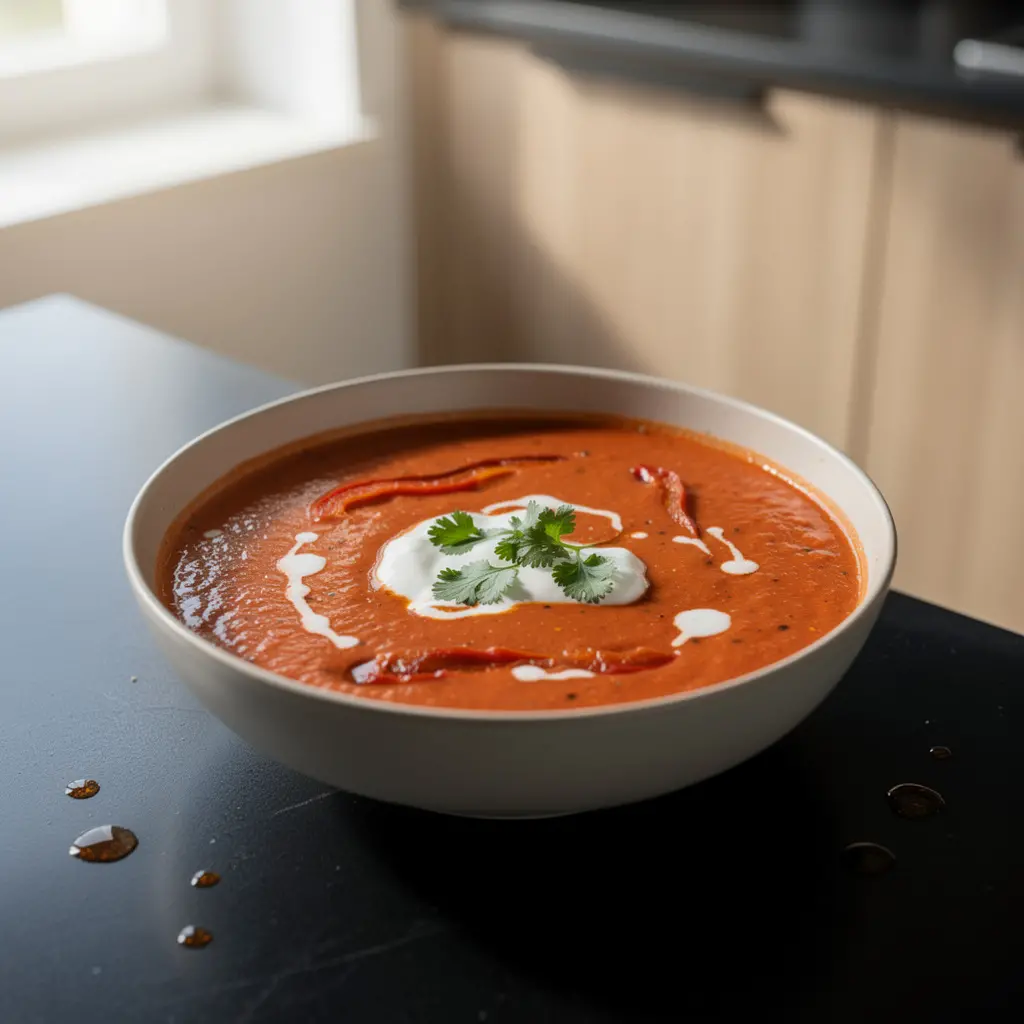 Mexican tomato soup with grilled peppers