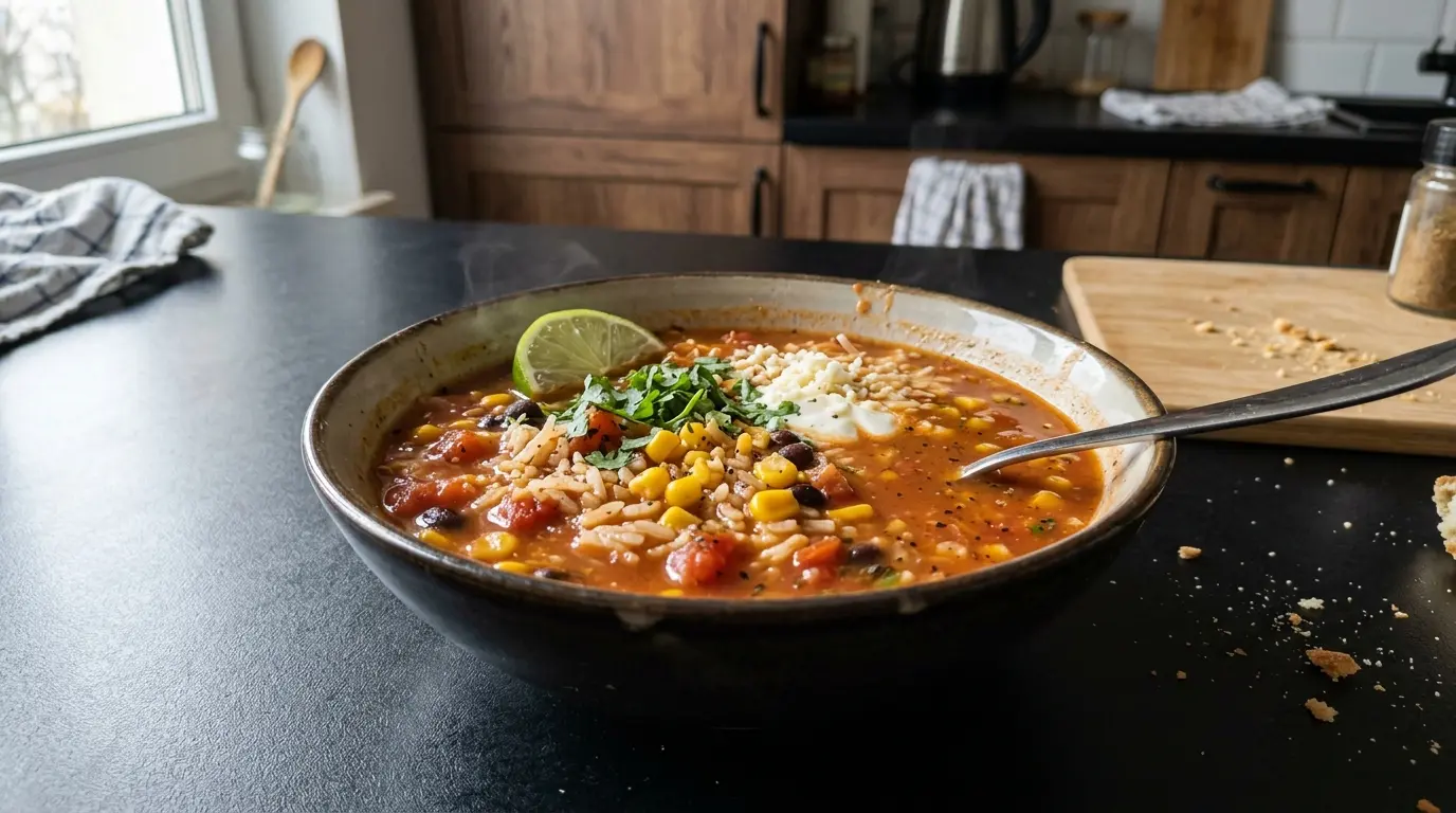 Meksykańska zupa pomidorowa z kukurydzą i ryżem