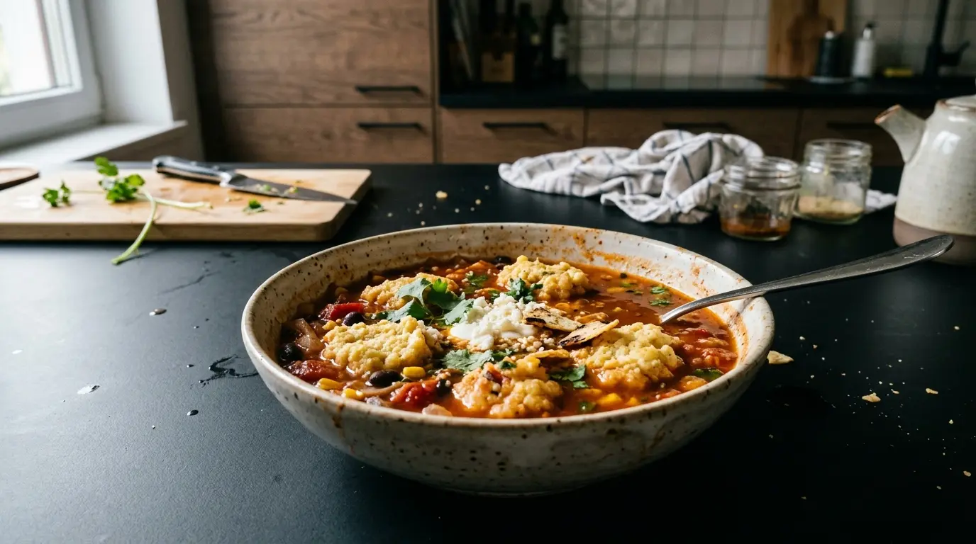 Meksykańska zupa pomidorowa z kukurydzianymi kluseczkami