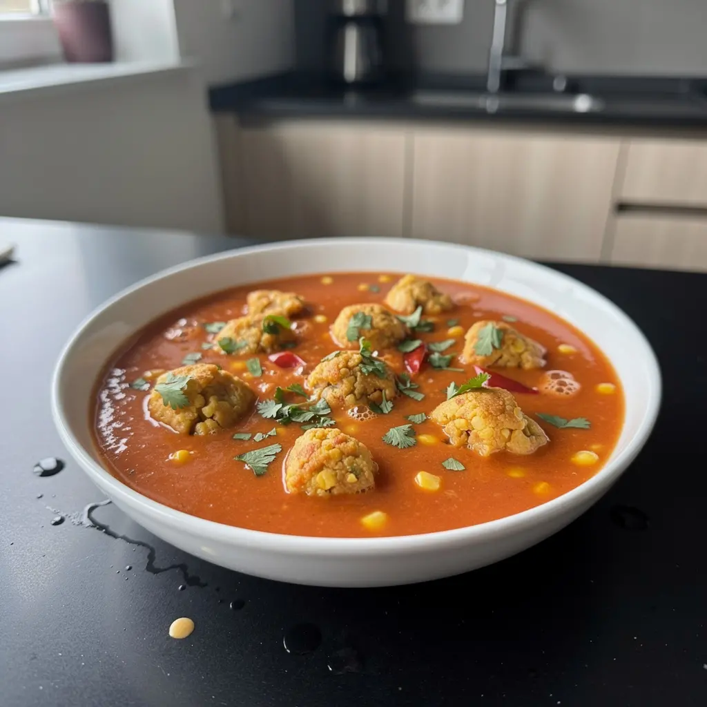 Meksykańska zupa pomidorowa z kukurydzianymi kluseczkami