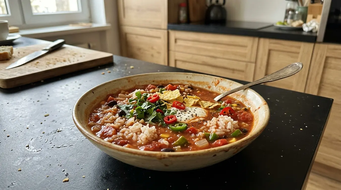 Meksykańska zupa pomidorowa z ryżem i chili