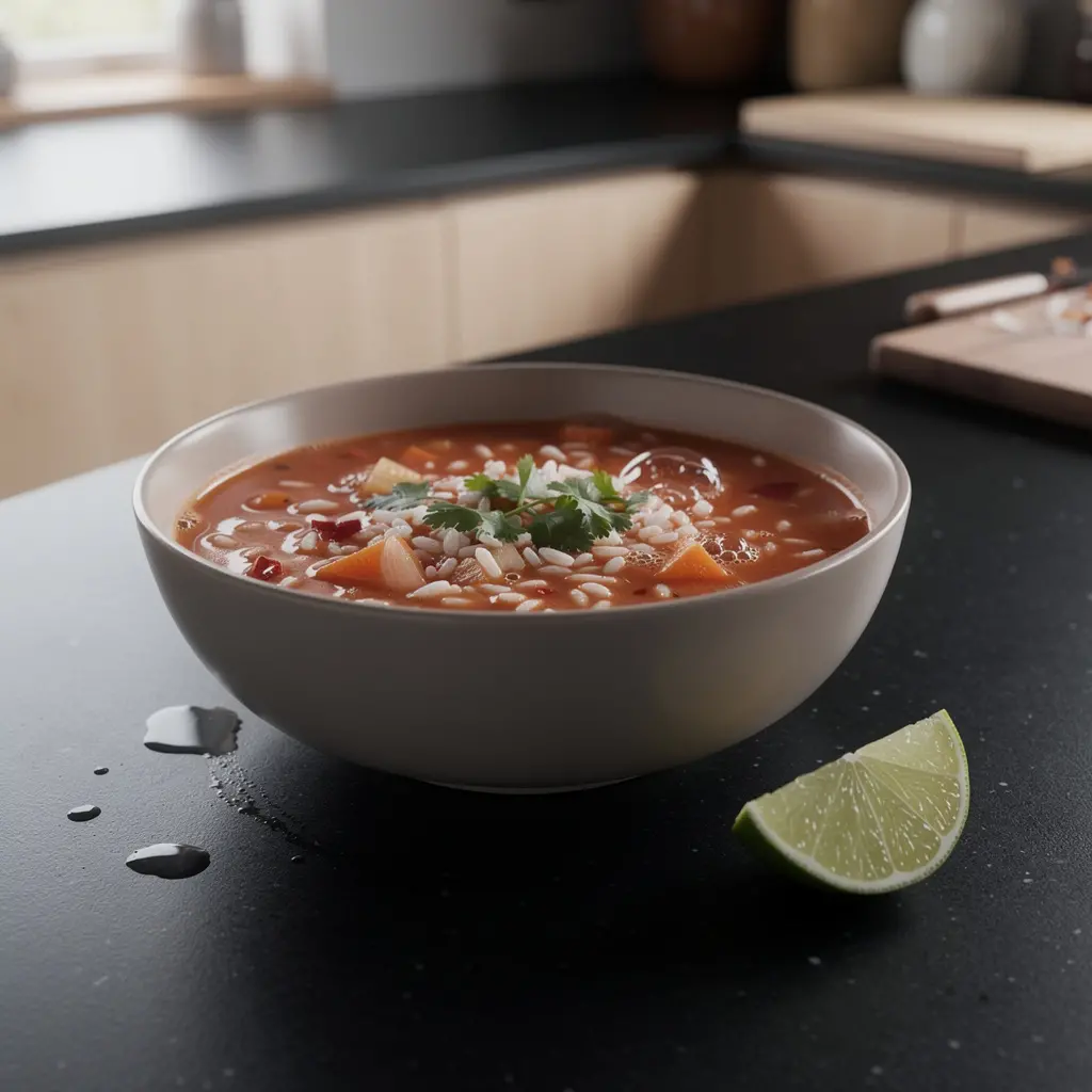 Mexican tomato soup with rice and chili