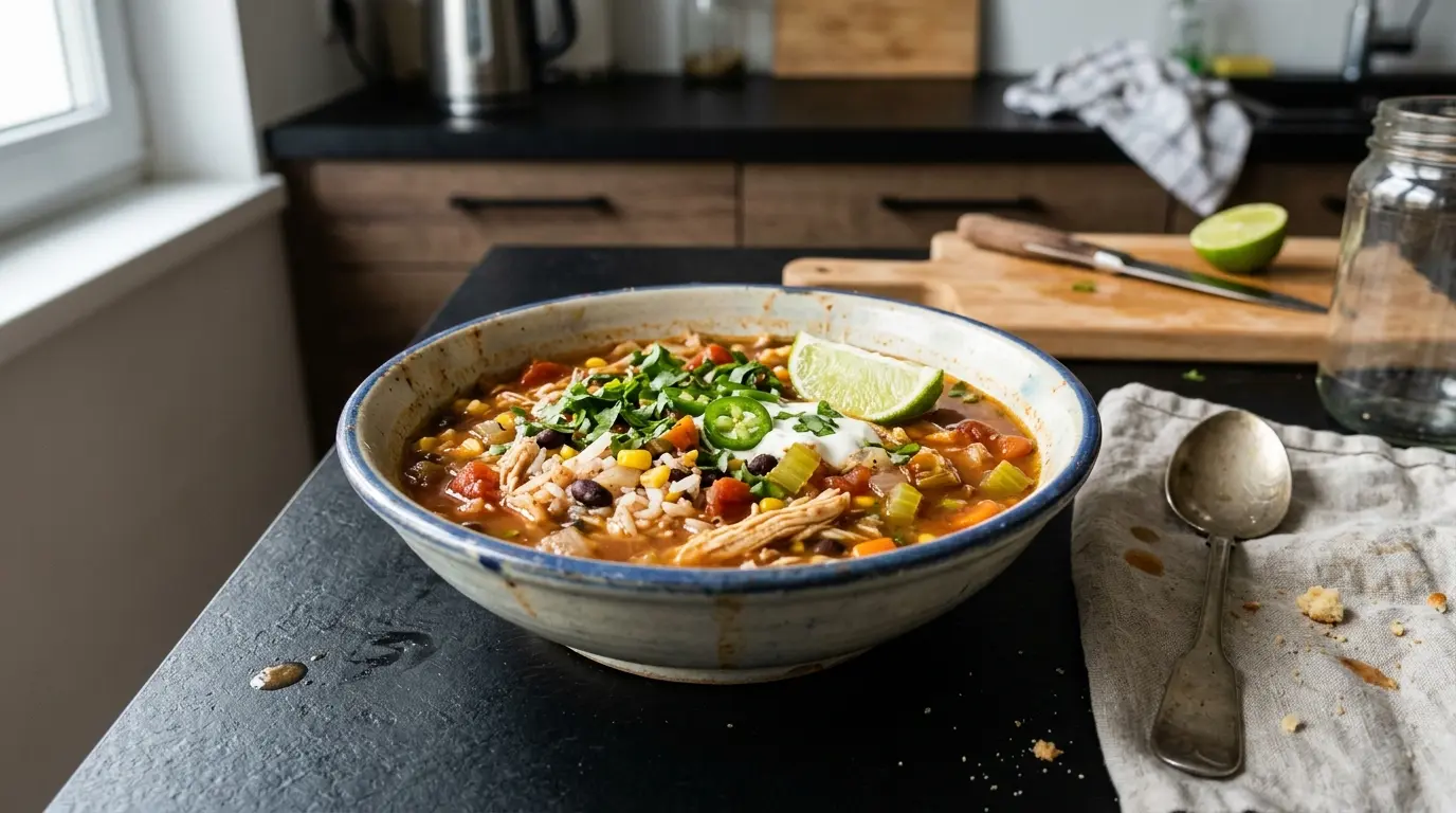 Meksykańska zupa z kurczakiem, ryżem i limonką