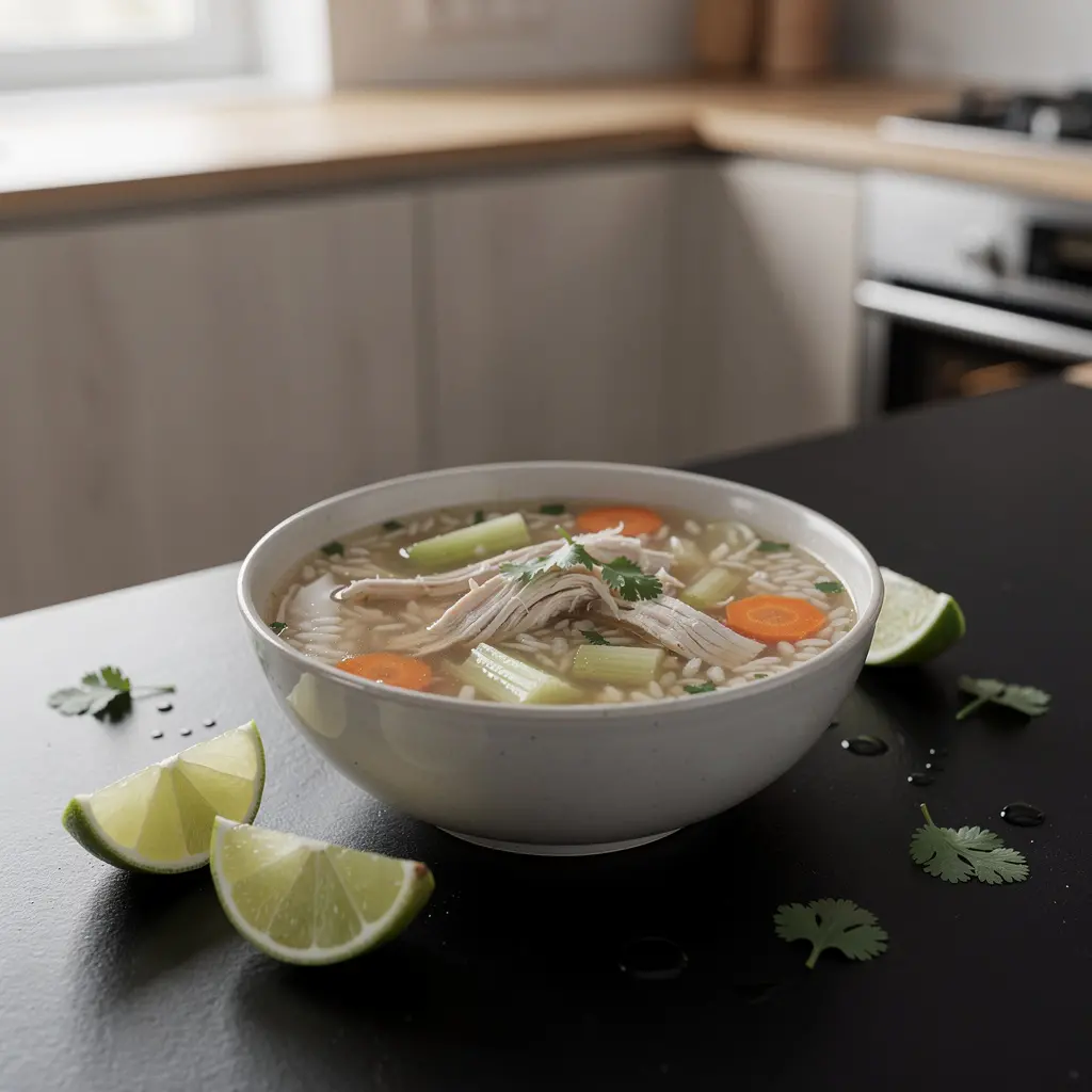 Meksykańska zupa z kurczakiem, ryżem i limonką