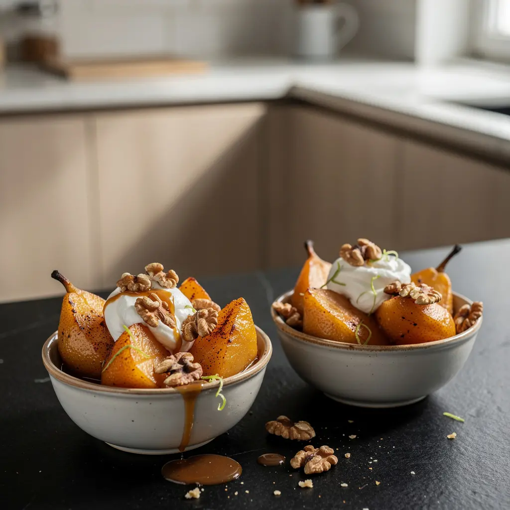 Mexikanisches Dessert aus karamellisierter Birne mit Chili und Limette