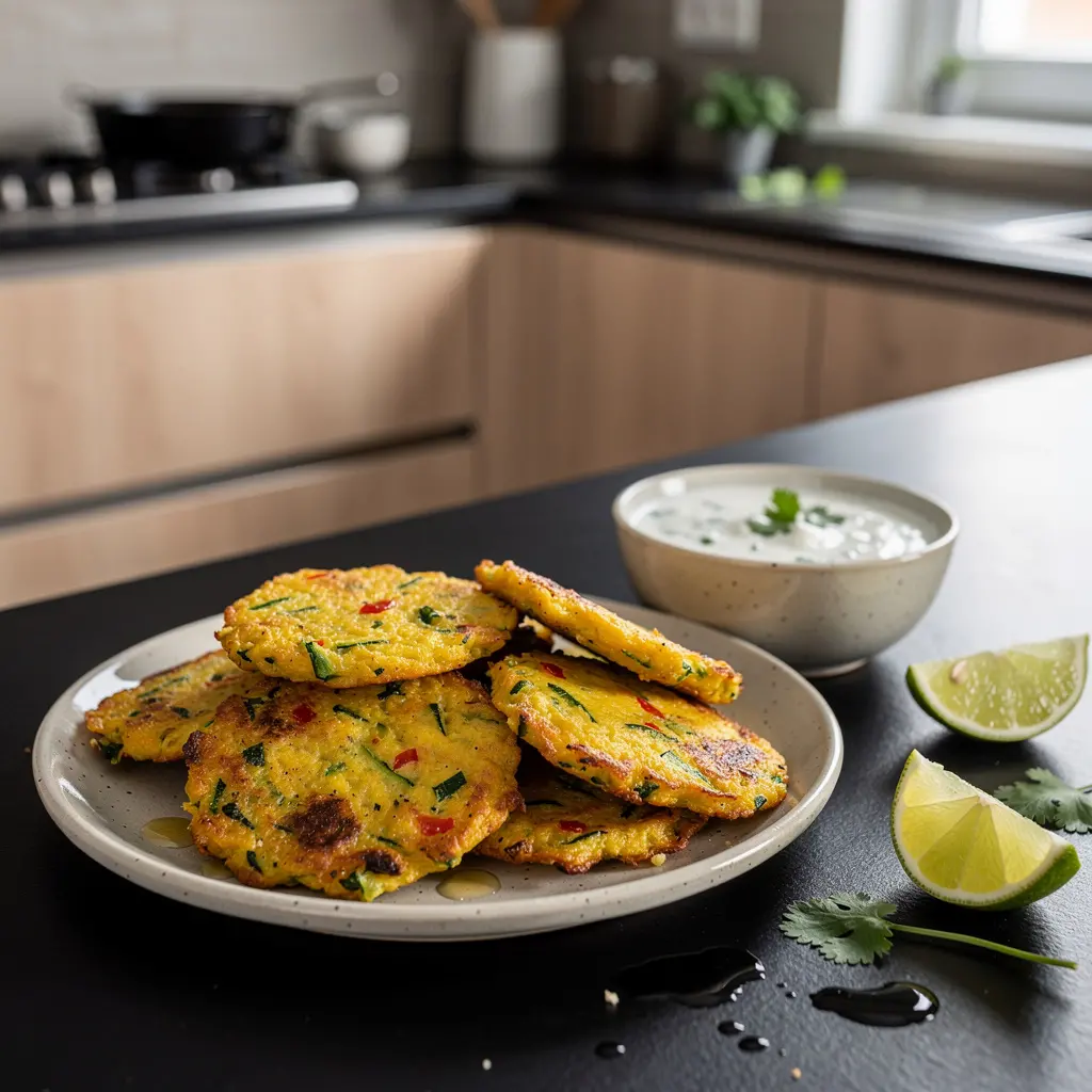 Meksykańskie placki z cukinii i sera z sosem jogurtowo-limonkowym
