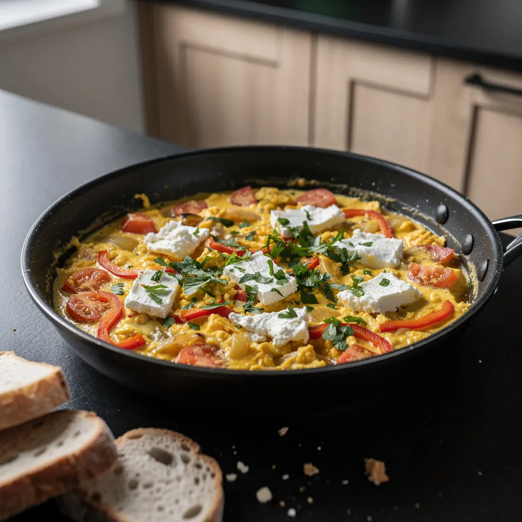 Menemen z kozim serem i świeżą pietruszką