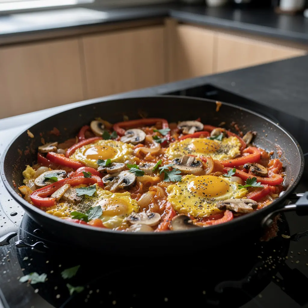 Menemen con funghi champignon ed erbe aromatiche