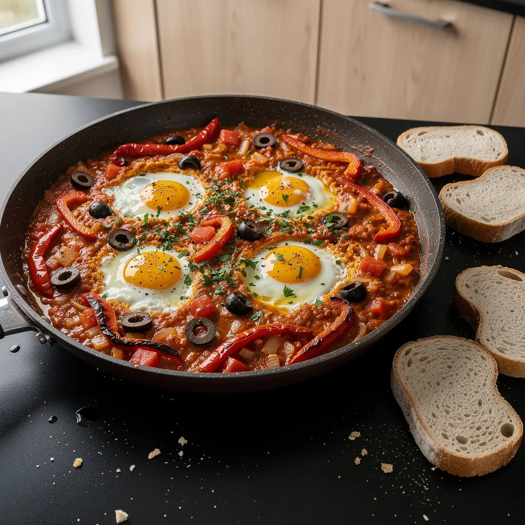 Menemen z pieczoną papryką i oliwkami