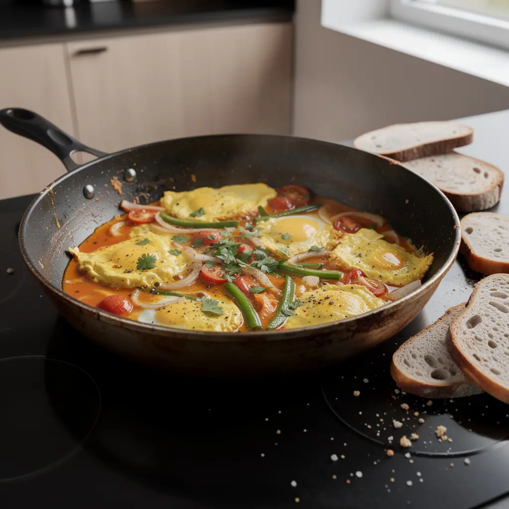 Menemen z zieloną papryką i świeżą kolendrą