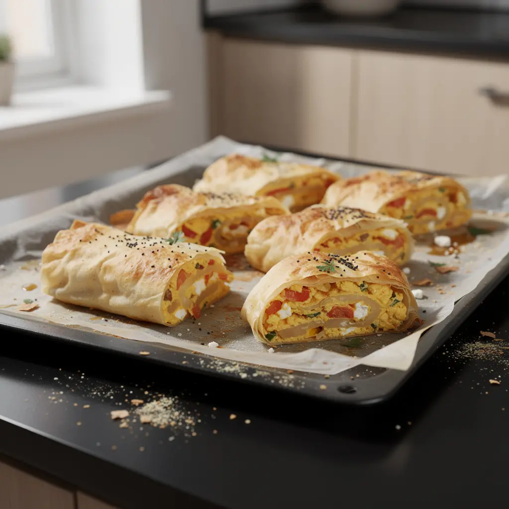 Menemen börek – rolled pastry with eggs and vegetables