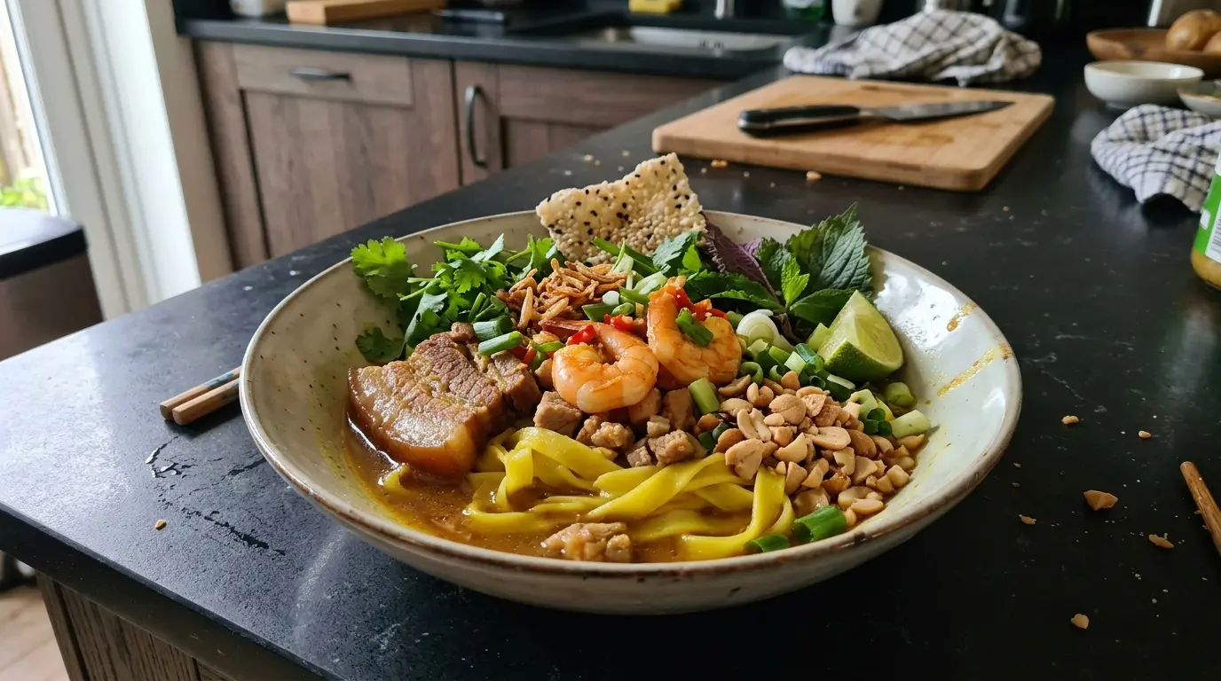 Mi quang – makaron ryżowy z krewetkami i wieprzowiną