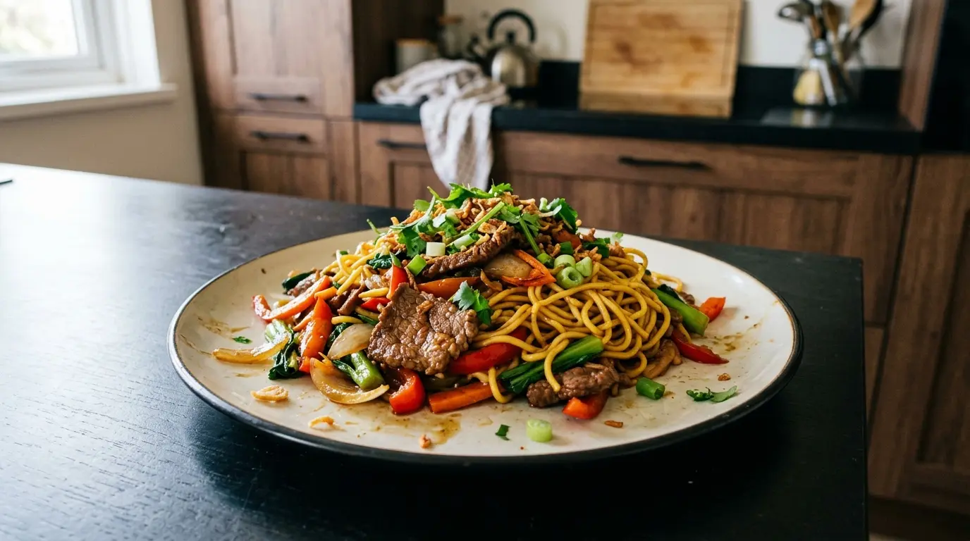 Mi xao bo – smażony makaron jajeczny z wołowiną po wietnamsku