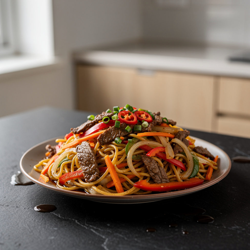 Mi xao bo – smażony makaron jajeczny z wołowiną po wietnamsku