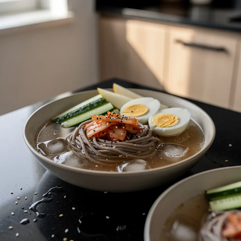 Naengmyeon – chłodny makaron gryczany w bulionie