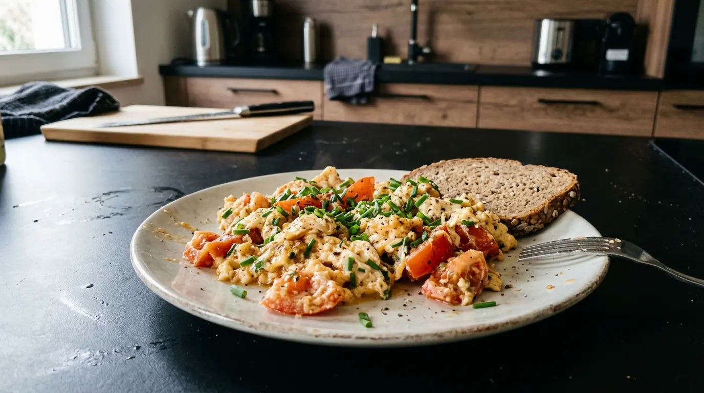 Niemiecka jajecznica z pomidorami i szczypiorkiem Rührei