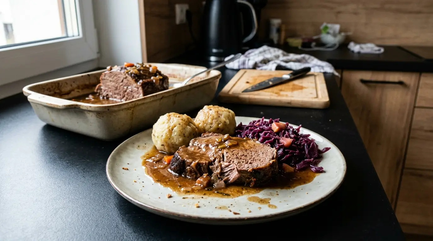 Niemiecka pieczeń wołowa z sosem pieczeniowym Rinderbraten