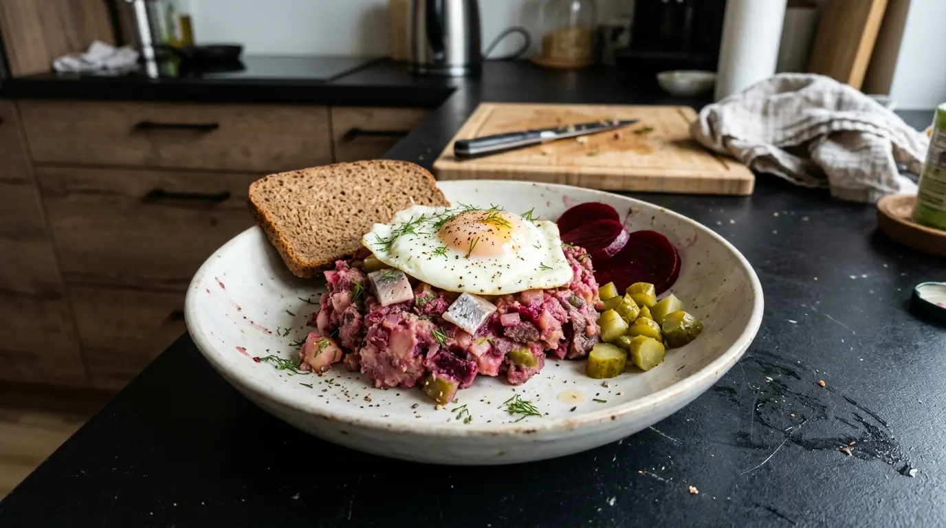 Niemiecka sałatka śledziowa Labskaus z burakiem i ziemniakami