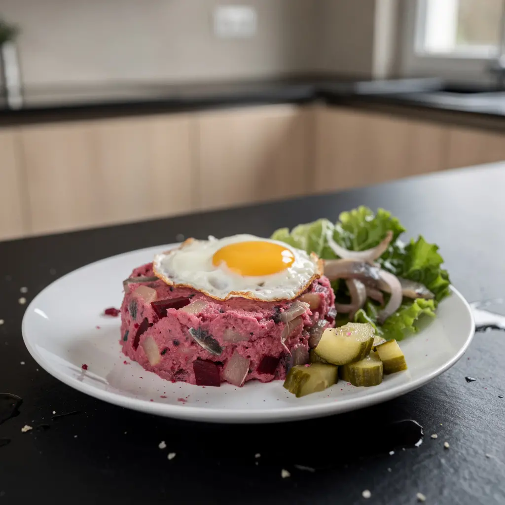 Insalata tedesca di aringa Labskaus con barbabietola e patate