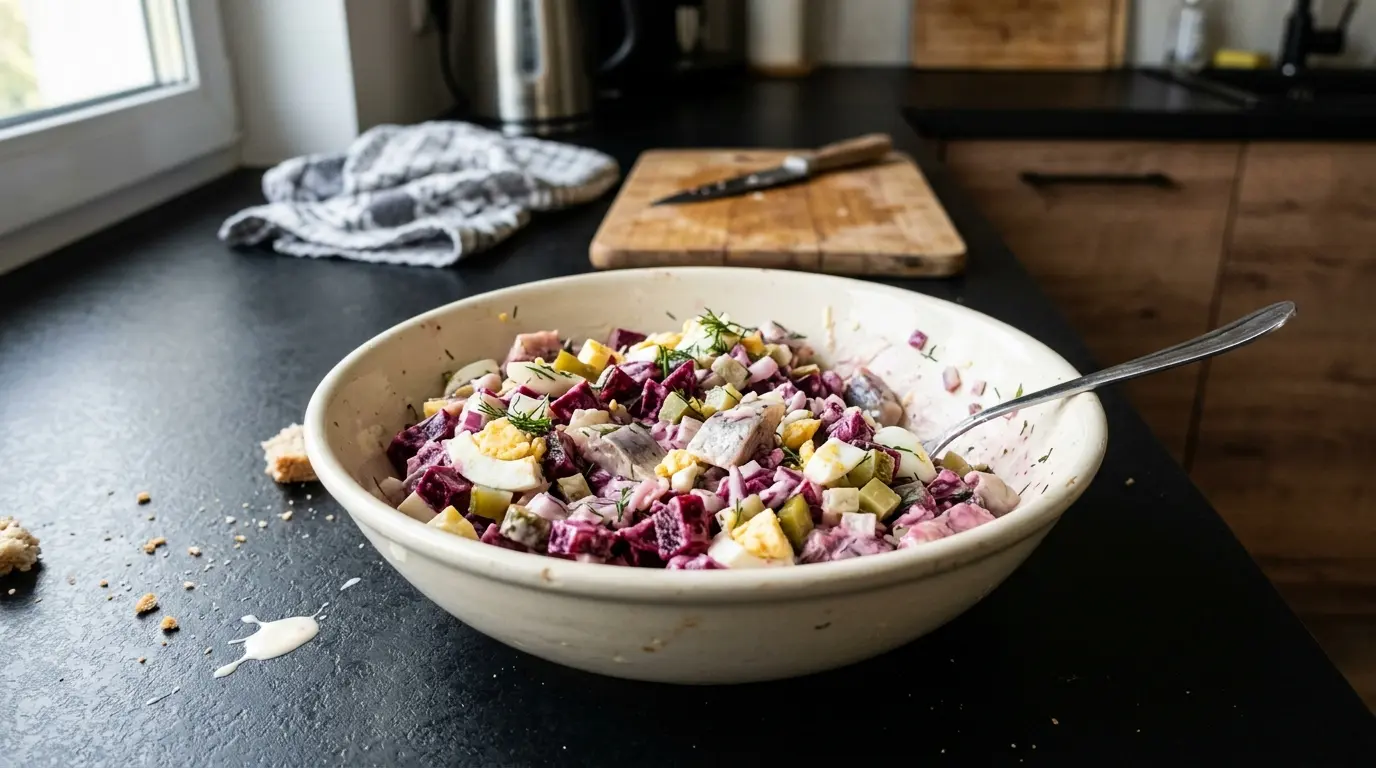 Niemiecka sałatka śledziowa z burakiem i jajkiem