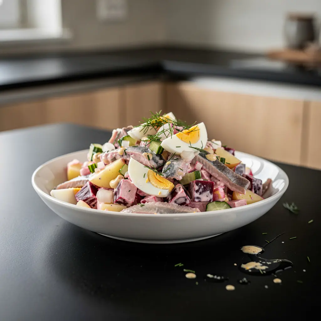 Salade de hareng allemande avec betterave et œuf