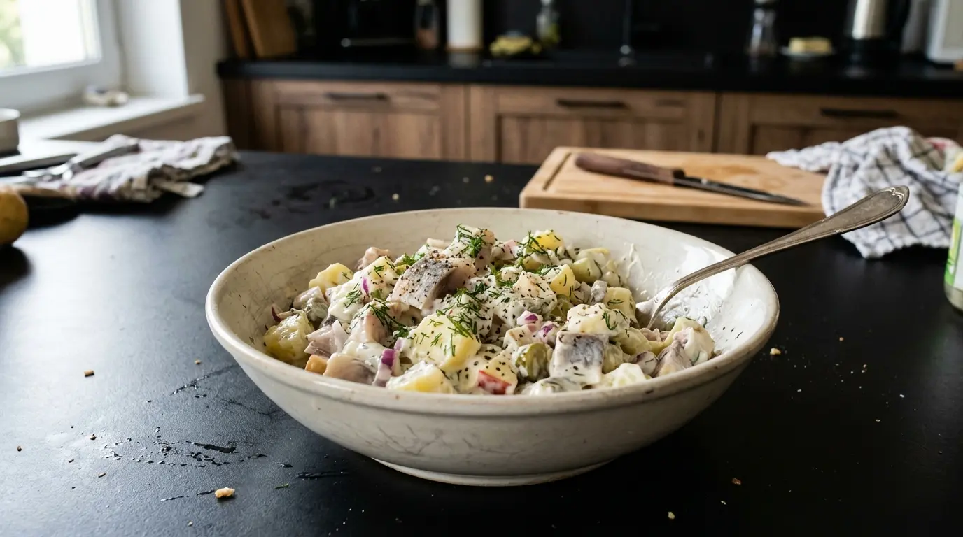 Niemiecka sałatka śledziowa z ziemniakami Heringssalat klasyczny