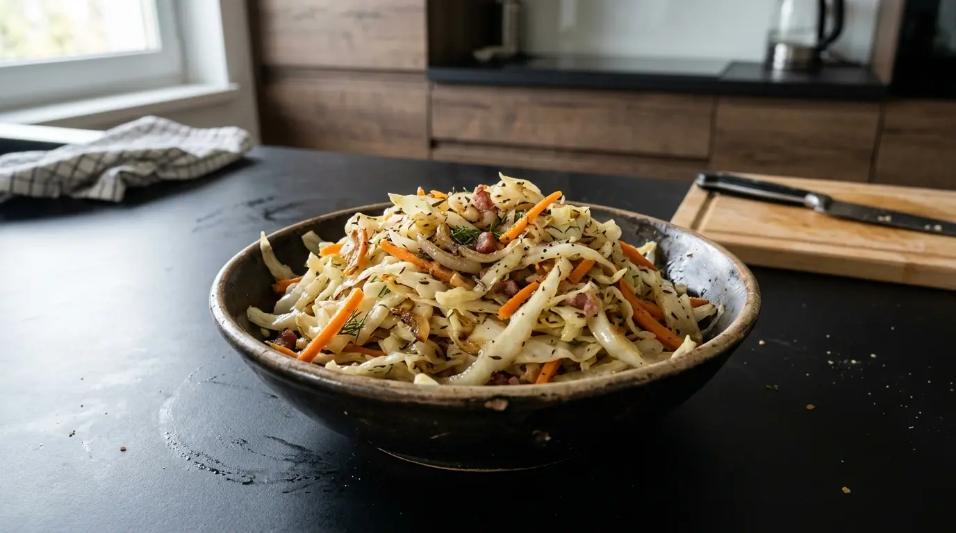 Niemiecka sałatka z białej kapusty i marchewki na ciepło
