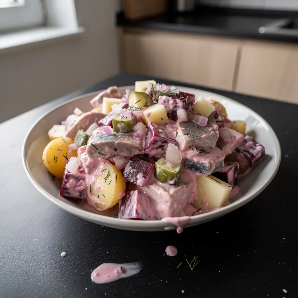 Salade allemande de betteraves et de hareng Rote-Bete-Heringsalat crémeuse