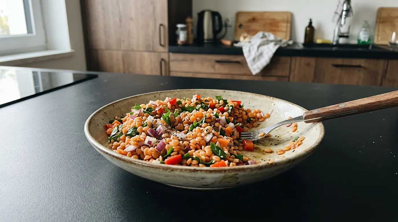 Niemiecka sałatka z czerwonej soczewicy Linsensalat na zimno