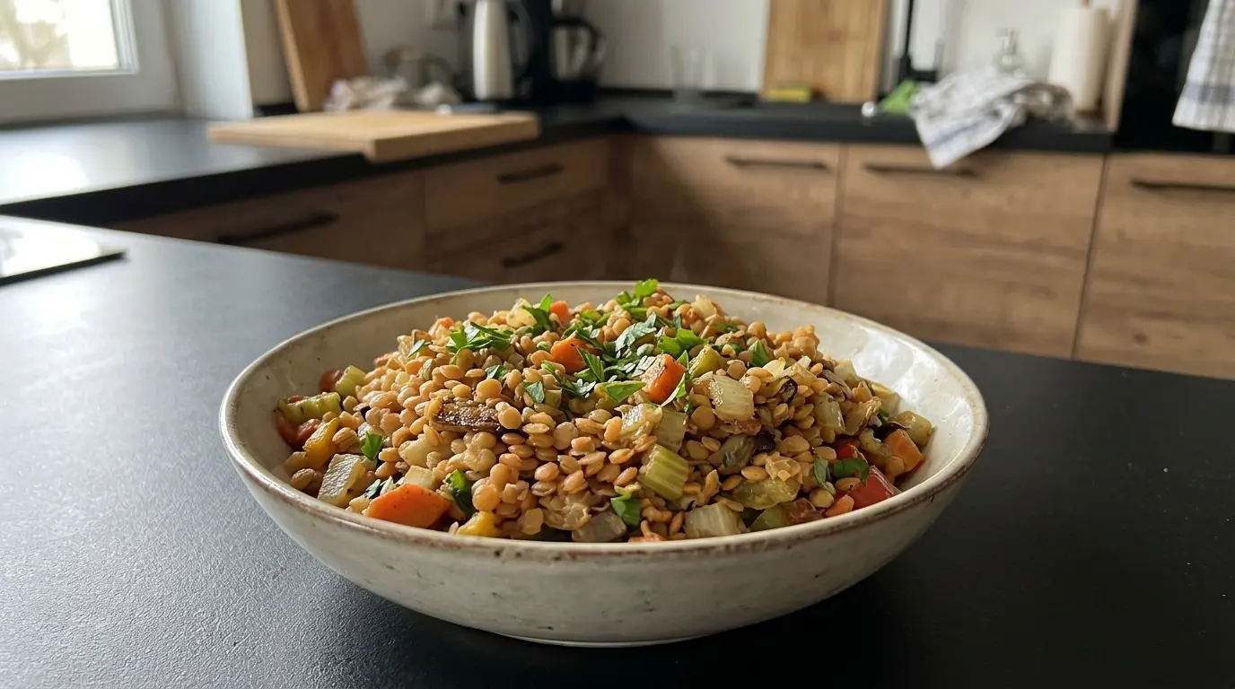 Niemiecka sałatka z czerwonej soczewicy z warzywami na ciepło