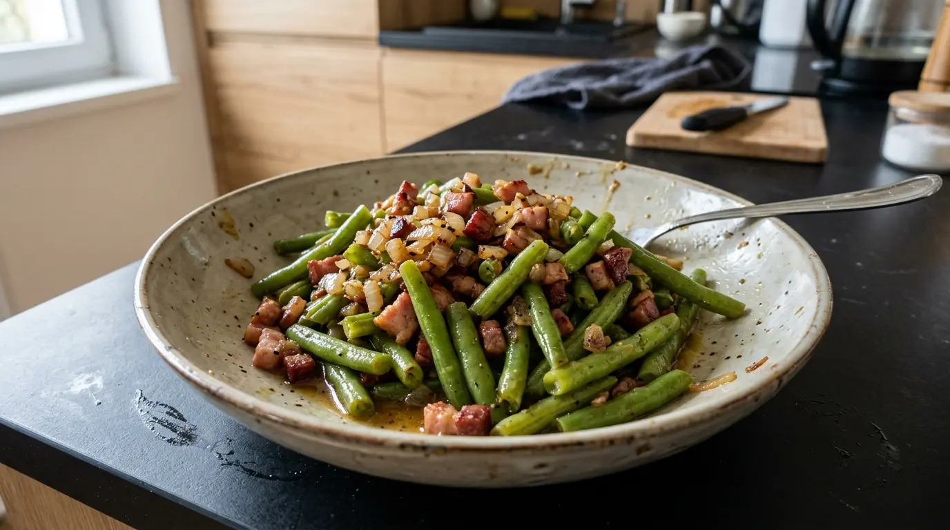Niemiecka sałatka z fasoli i boczku Bohnensalat na ciepło