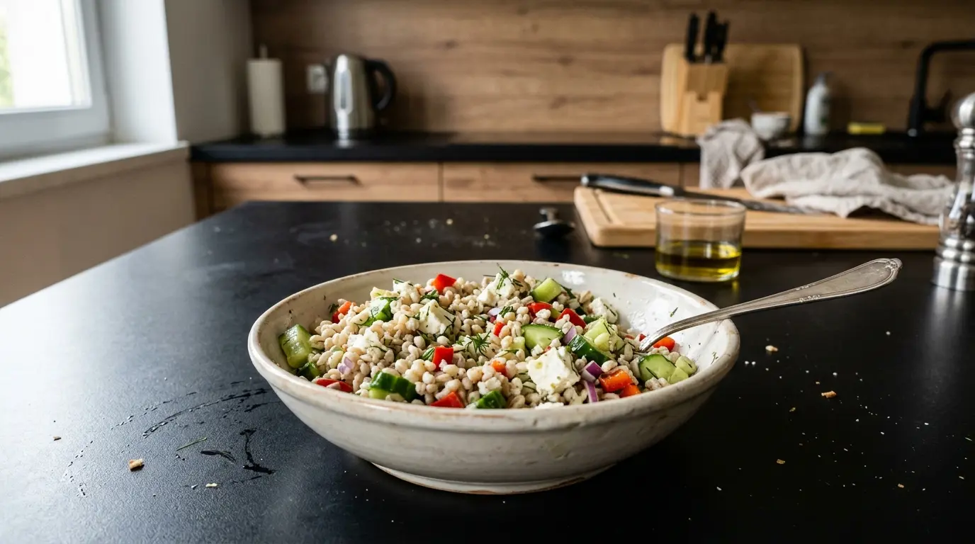 Niemiecka sałatka z kaszy pęczak z ogórkiem i fetą